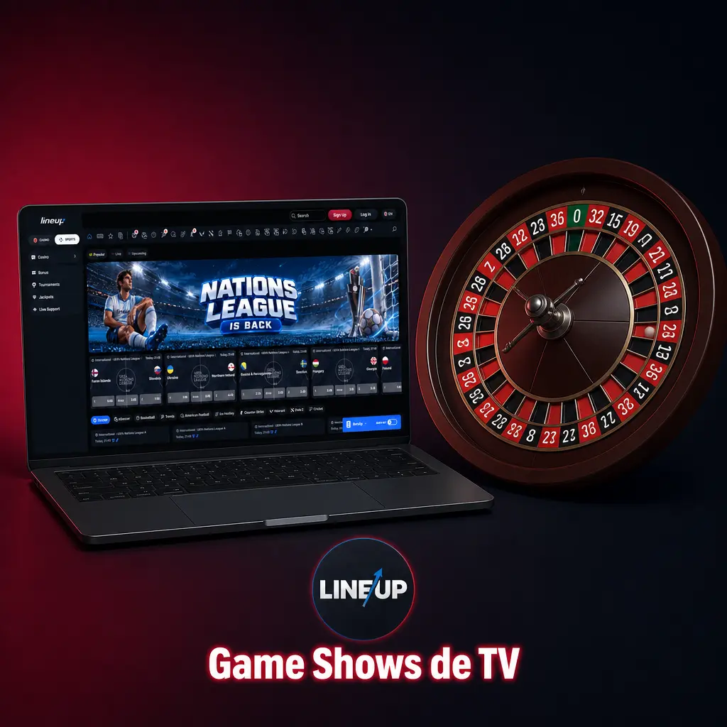 Apresentador em estúdio de game show de cassino ao vivo com roda de multiplicadores e luzes coloridas