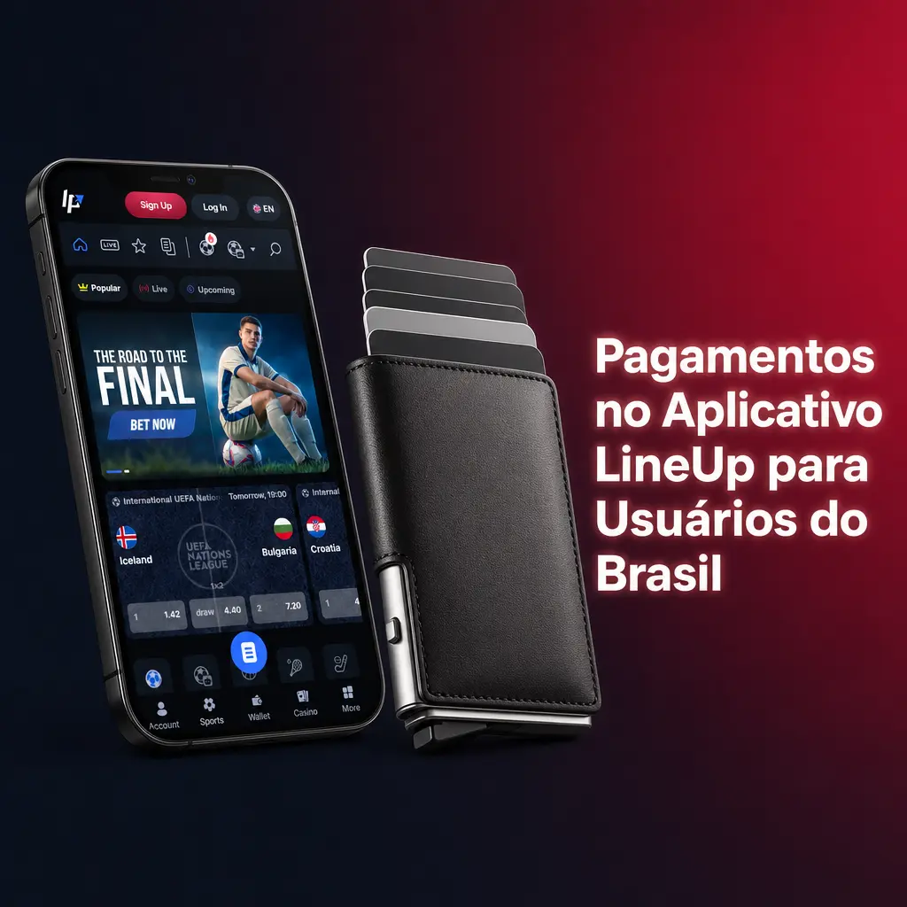 Pagamentos em criptomoedas no aplicativo LineUp para usuários do Brasil, com depósitos e saques rápidos e digitais.